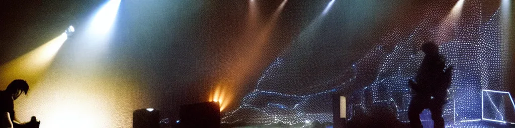 Image similar to dusty Trent Reznor smashing guitars, group of people on stage playing instruments, elaborate stage effects, dust, smoke, giant LED screens, colored projections, ultrafine detail, goth cybersuit, glowing thin wires, smoke, high contrast, projections, a screenshot by David Gilmour Blythe, holography, tesseract, volumetric lighting, anamorphic lens flare