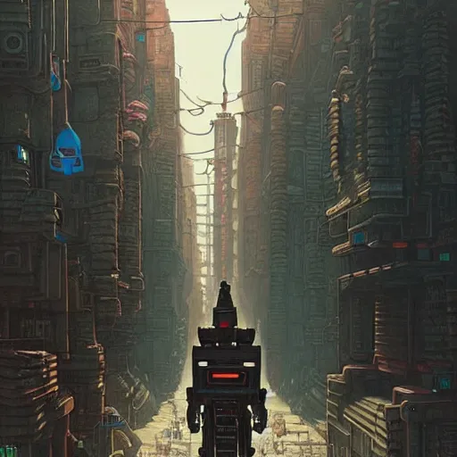 Image similar to mayan cyberpunk robot striding through streets of city, perfectly clear face, shadow of the colossus screenshot by j. c. leyendecker, simon stalenhag, studio ghibli, and beksinski