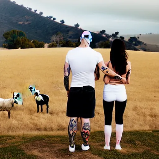 Image similar to portrait of a bald white male tattoos and his white female wife with tattoos. male is wearing a white t - shirt, tan shorts, white long socks. female is tall and has long brown hair photo from behind them overlooking the field with a goat pen. rolling hills in the background of california and a partly cloudy sky