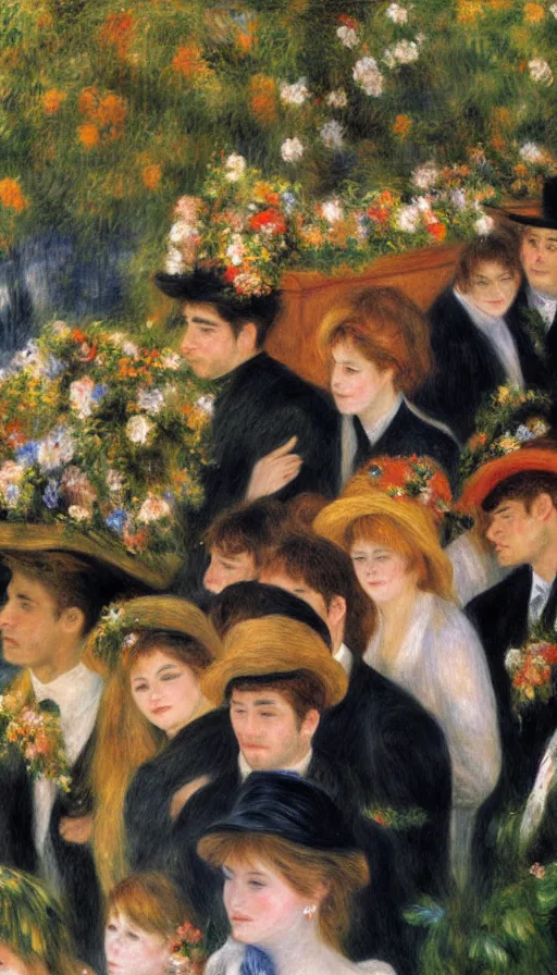 Image similar to a oil painting a group of people stand around a coffin in flowers, by renoir