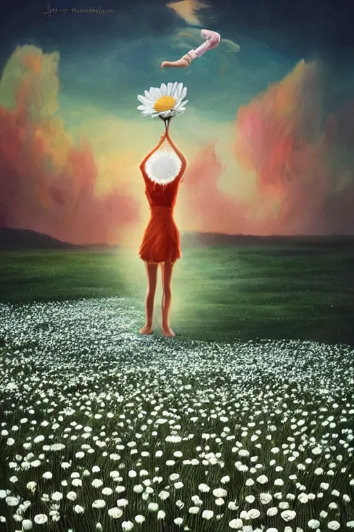 Prompt: giant white daisy flower as head, legs girl dancing in a flower field, surreal photography, sunrise, dramatic light, impressionist painting, colorful clouds, digital painting, artstation, simon stalenhag