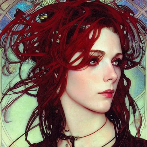 Prompt: realistic detailed face portrait of the beautiful young cyberpunk woman wearing a high fashion red leather jacket, black pants with a side holster, by Alphonse Mucha, Ayami Kojima, Amano, Charlie Bowater, Karol Bak, Greg Hildebrandt, Jean Delville, and Mark Brooks, Art Nouveau, Neo-Gothic, gothic, rich deep moody colors