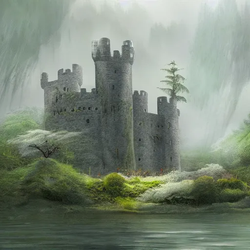 Prompt: a stone castle surrounded by lakes and trees, mist, fantasy, concept art, clear, crisp, sharp, extremely detailed, wallpaper