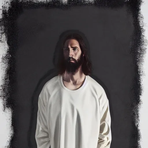 Image similar to a full body lookbook portrait of modern - day jesus wearing virgil abloh off - white menswear and sneaker collection by nicola samori, detailed, realistic oil painting, hyper - realistic, 8 k, off - white collection
