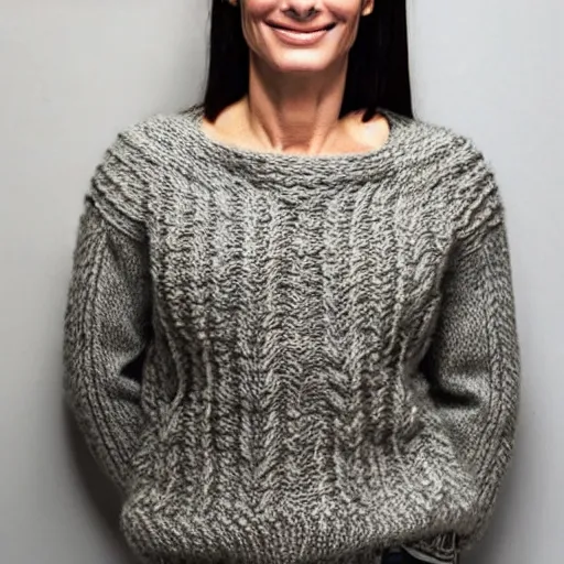 Prompt: a hand knit wool sweater with a sandra bullock face pattern