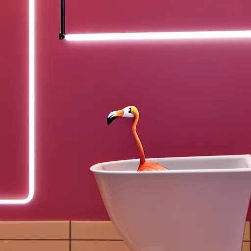 Image similar to flamingo sitting on the toilet, singihg, highly detailed, 4k, green neon lighting