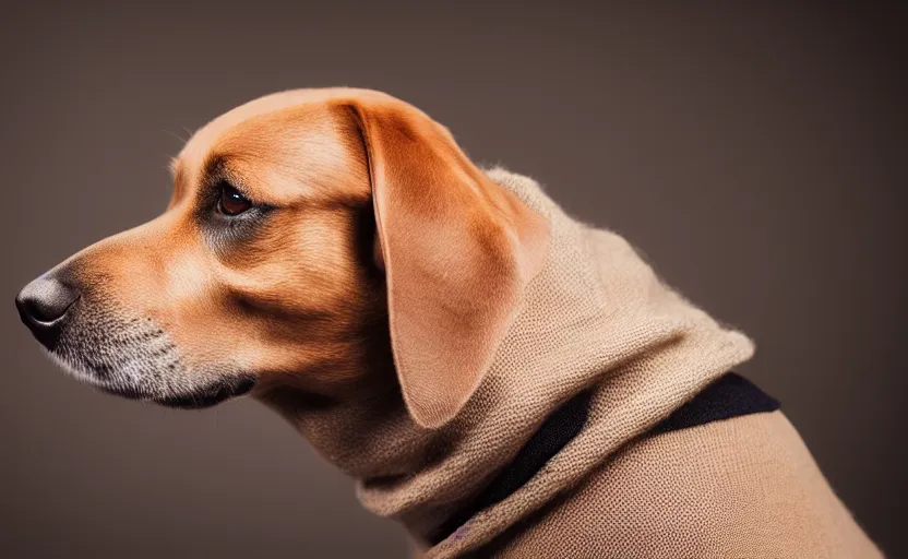 Image similar to studio photography of a dog wearing a woolen sweater, detailed face, cinematic lighting, 8 k