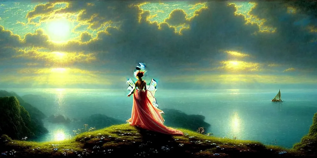 Image similar to an elegant fairy queen in a blue lace dress dancing looking out at a lord of the rings scenery landscape, staring across the sea at a white sail boat, sunrise, god's rays highly detailed, vivid colour, soft clouds, floral sunset, cinematic lighting, perfect composition, gustave dore, derek zabrocki, greg rutkowski, belsinski