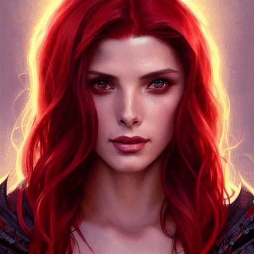 Image similar to Ashley Greene with red hair as Scarlet Witch, western, D&D, fantasy, intricate, elegant, highly detailed, digital painting, artstation, concept art, matte, sharp focus, illustration, art by Artgerm and Greg Rutkowski and Alphonse Mucha