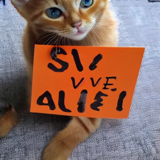 Image similar to cute orange tabby kitten with a sign that says