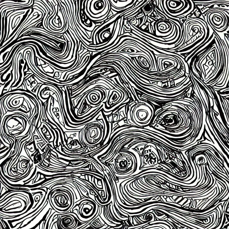 Image similar to a black and white drawing of many different things, an abstract drawing by nathaniel pousette - dart, featured on deviantart, psychedelic art, behance hd, repeating pattern, artwork