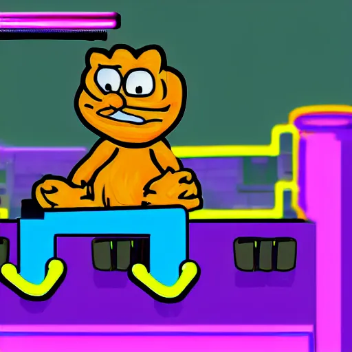 Image similar to neon white video game, garfield as mikey from neon white, screenshot