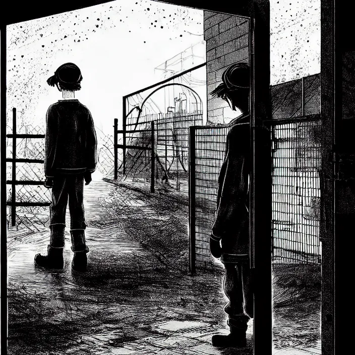 Image similar to [ sadie sink in dirty workmen clothes waves goodbye ] to workmen. near a gate. background : factory, dirty, polluted. technique : black and white pencil and ink. by gabriel hardman, joe alves, chris bonura. cinematic atmosphere, detailed and intricate, perfect anatomy