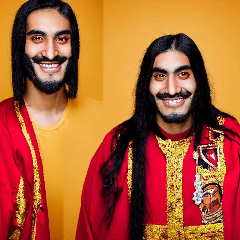 Prompt: A photo of Emperor Kuzco!!!!!!!!!!!!!!!! in his early 20s, peruvian looking, with his long black hair, beardless, smiling with confidence, and wearing!!! his red emperor clothes. Portrait by Terry Richardson. Golden hour. 8K. UHD. Bokeh.