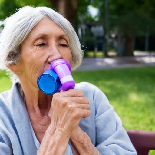 Image similar to an older woman sitting in a park using an oxygen tank. the oxygen tubing is attached to her nose, 4 k,