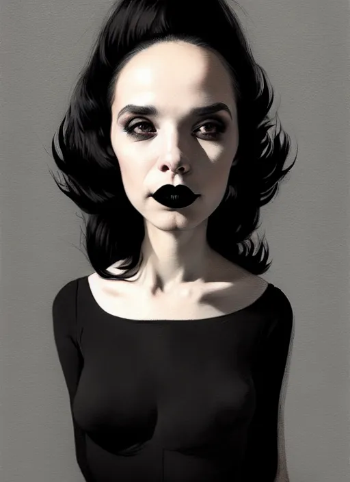 Prompt: portrait of a short woman with a crooked nose and a confident expression, 1 9 6 0 s, black clothes, goth, punk, funk, intricate, elegant, highly detailed, digital painting, artstation, concept art, smooth, sharp focus, illustration, art by wlop, mars ravelo and greg rutkowski