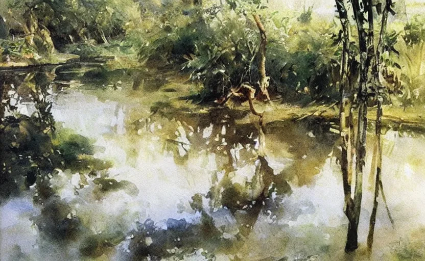 Image similar to oil painting lanscape by anders zorn, jungle nature, fruit trees, very very very very beautiful art, dramatic light, water reflections, aquarelle paint splashes, white painted border