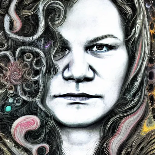 Image similar to An extremely psychedelic portrait of Janis Joplin, surreal, LSD, face, detailed, intricate, elegant, lithe, highly detailed, digital painting, artstation, concept art, smooth, sharp focus, illustration