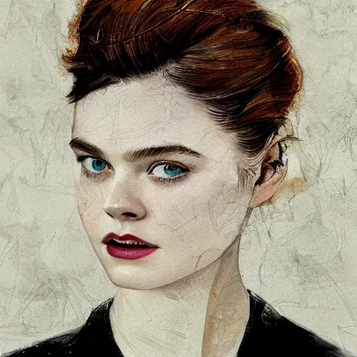 Image similar to professional painting of Elle Fanning in the style of Dave McKean, head and shoulders portrait, symmetrical facial features, smooth, sharp focus, illustration, intricate, stormy weather, extremely detailed masterpiece,