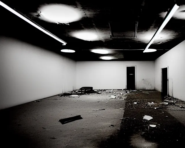 Image similar to the backrooms, the eerie forlorn atmosphere of a place that's usually bustling with people but is now abandoned and quiet, buzzing fluorescent lights above the ceiling, unsettling images, liminal space, dark, white monster standing