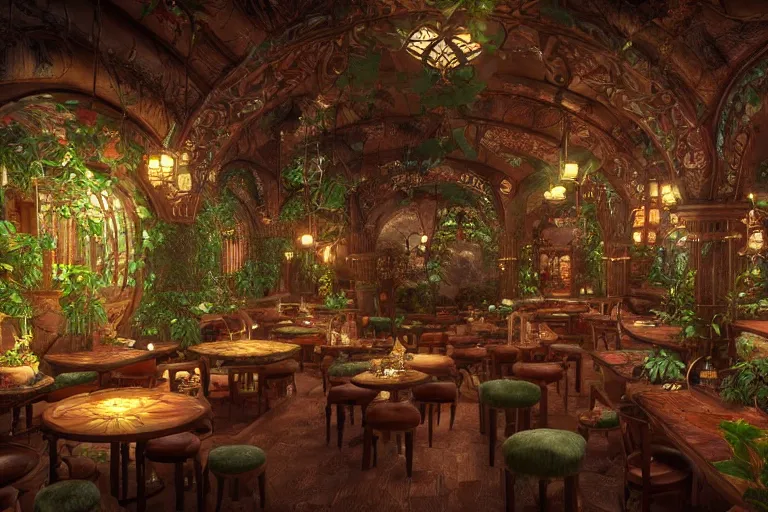 Prompt: inside an elvish art nouveau lush tavern found in italy with potted plants, artgerm, yoshitaka amano, baroque interior, 8 k, octane render, unreal engine