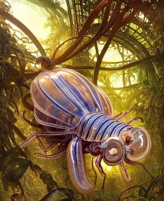 Image similar to intricate opulent transparent clear see - through portrait of a terrifying beautiful male human isopod sea slug, mottled coloring, adorable, childlike, overgrown retrofuturistic jungle environment, ultra realistic, concept art, art nouveau, photorealistic, octane render, 8 k, unreal engine. art by christopher marley and artgerm and greg rutkowski and alphonse mucha