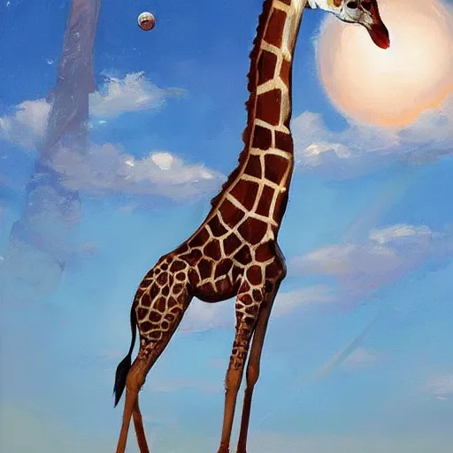 Prompt: a giraffe dressed like an astronaut floating in the space, trending on artstation, art by greg manchess, guangjian, detailed digital art, artstation hd