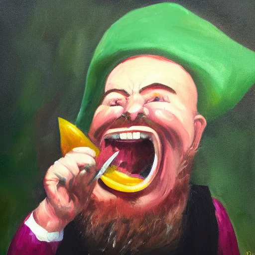 Image similar to oil painting of an angry gnome screaming while eating