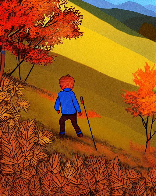 Prompt: autumn hillside boy hiking illustration detailed, by pedro kruger