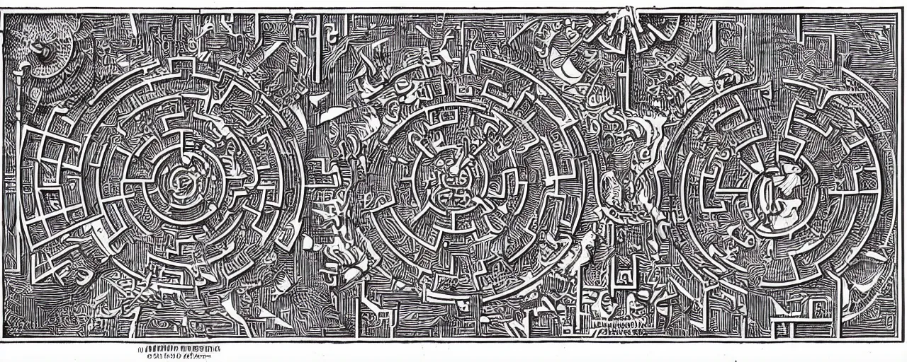 Prompt: isometric view of a highly detailed cnc mill woodcut of a hyperdimensional labyrinth maze with a steampunk minotaur in the center