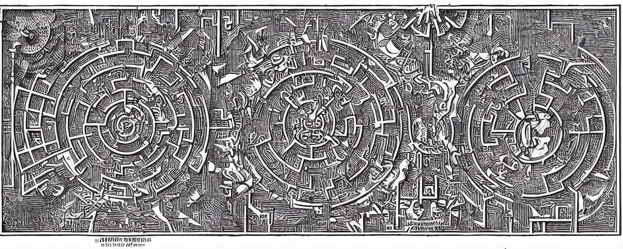 Image similar to isometric view of a highly detailed cnc mill woodcut of a hyperdimensional labyrinth maze with a steampunk minotaur in the center