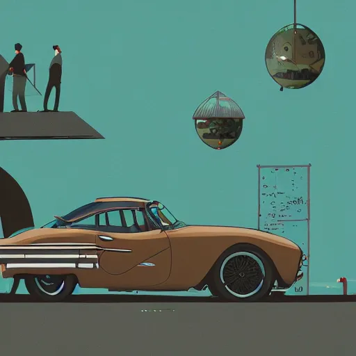 Prompt: people looking at a car, intricate, elegant, highly detailed, vector illustration, artstation, concept art, smooth, sharp focus, illustration, art by samuel werczler, tom whalen, niark 1, jonny wan, sea green color theme