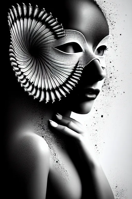 Image similar to portrait of a young beautiful woman with a mask. contemporary photograph, speed painting, fractal, mandelbulb. black and white, black on black. intricate, elegant, super highly detailed, professional digital painting, smooth, extreme illustration, Unreal Engine 5, Photorealism, HD quality, 8k resolution, 3D, beautiful, cinematic, art. art deco, 1950s suburbian.