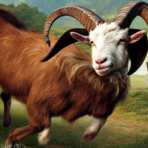 Prompt: hyperrealistic photo of a savage, deformed goat hybrid beast with ram's horns and sharp fangs, attacking a small medieval village