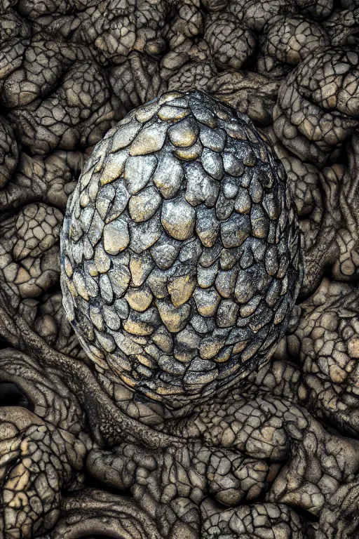 Image similar to a scaly dragon egg made from opalescent coal and molten lava, on a carved stone floor against a forest background photorealistic, dlsr, octane render, 8 k, cinematic lighting