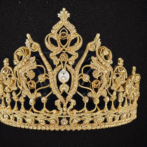 Image similar to Ultra realistic fantasy tiara, intricate detailed, gilded gold and diamonds, sharp focus, Symmetrical composition, octane render, high quality, 8k, volumetric lighting, on black background !dream