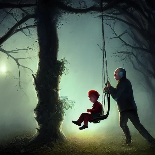 Image similar to Michael Myers is pushing his daughter on a swing, garden, summer, 8k resolution matte fantasy painting, cinematic lighting, DeviantArt, Artstation, Jason Felix Steve Argyle Tyler Jacobson Peter Mohrbacher