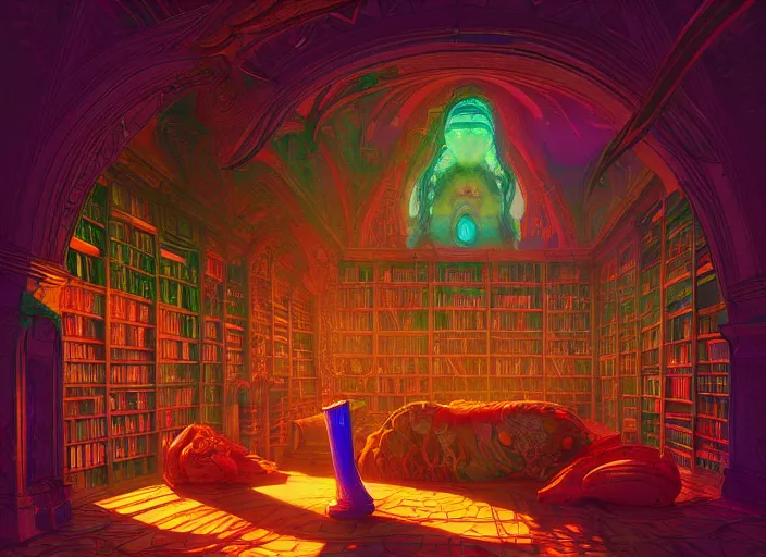 Prompt: A psychedelic portrait of library of potion, vibrant color scheme, highly detailed, in the style of romanticism, cinematic, artstation, Moebius, Greg rutkowski