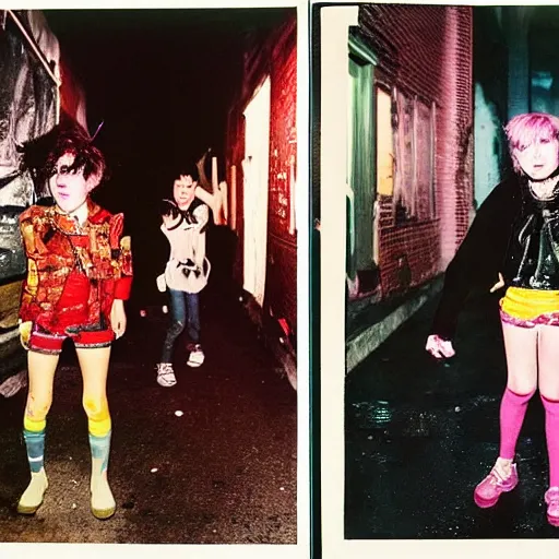 Image similar to night flash portrait photography of punk kids on the lower east side by diane arbus, colorful!!, nighttime!, raining!
