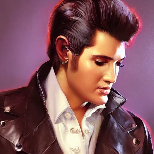 Prompt: young elvis presley dressed in 2 0 2 2, modern clothing, nashville, tennessee, portrait, highly detailed, digital painting, artstation, concept art, sharp focus, illustration, cinematic lighting, art by artgerm and greg rutkowski and alphonse mucha