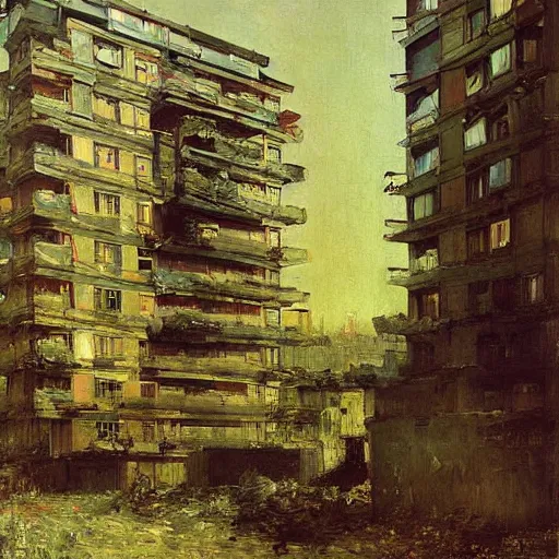 Image similar to a wonderously complicated painting of an abandoned russian brutalist appartment being retaken by nature by ilya repin