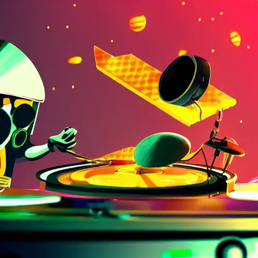 Image similar to astronaut at a dj table using cheese to spin records, highly detailed concept art, dreamy lighting, blender, beautiful