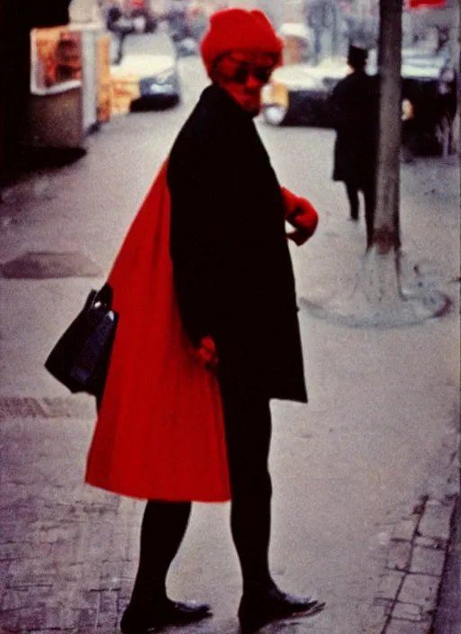 Image similar to portrait, blurry, street photography by saul leiter, red, pale