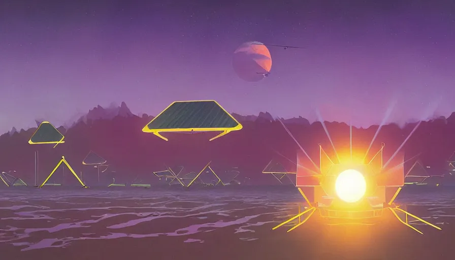 Image similar to hexagonal solar sails floating in front of sun, simon stalenhag