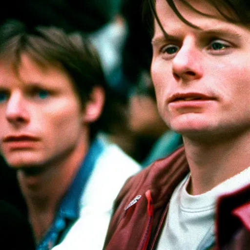 Image similar to film still, 5 0 mm, a masterpiece portrait photo of marty mcfly in a los angeles crowd, circa 1 9 9 9, sharp focus and narrow depth of field