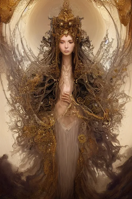 Prompt: a beautiful detailed 3 d matte painting of female empress of the light, by ellen jewett, tomasz alen kopera and justin gerard | symmetrical features, solemn, realism, intricate, ornate, royally decorated, halo, gilding, gilded, whirling smoke, particles, gold adornments, white splendid fabric, radiant colors, fantasy, trending