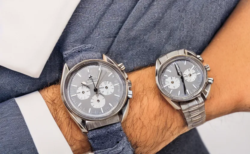 Prompt: omega speedmaster on the wrist of a lady with a wool suit