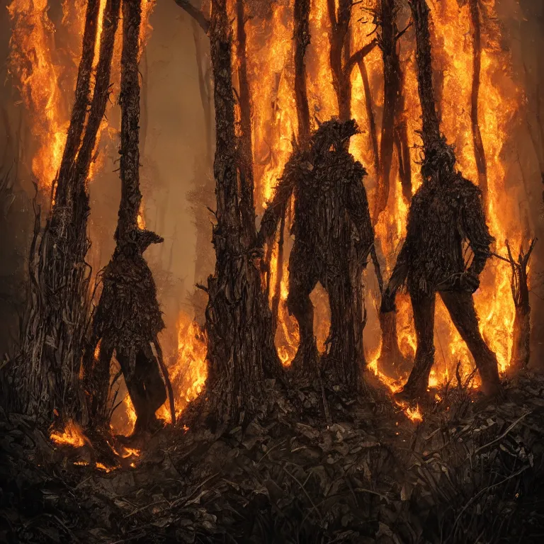 Prompt: burned forest to ashes with two knights standing there, highly detailed, smooth, sharp focus, portrait, concept art, intricate details, fantasy poster, dark athmosphere, 8 k. lifelike. nikon d 8 5 0