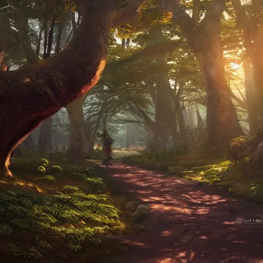 Image similar to forest path, beautiful ancient trees, hiding large treasure chest, serene evening atmosphere, soft lens, soft light, cel - shading, animation, in the style of cgsociety, deviantart, artstation, zbrush, cinema 4 d, studio ghibli, akihiko yoshida, atelier lulua, masamune shirow