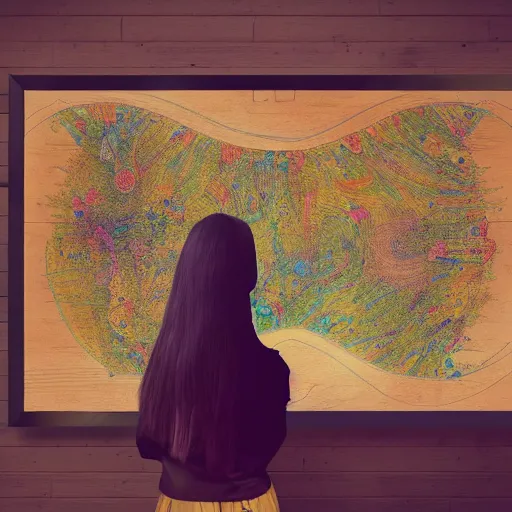 Image similar to a painting of a lady cartographer looking over a large paper map of psychedelic human consciousness. the map is resting on a wooden table. digital art painting featured on artstation